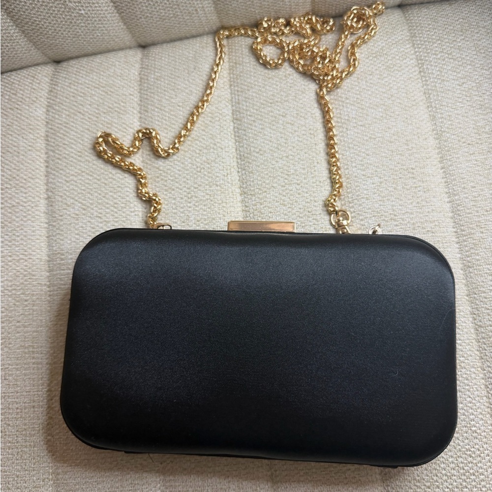 Black Satin Clutch with Gold Chain